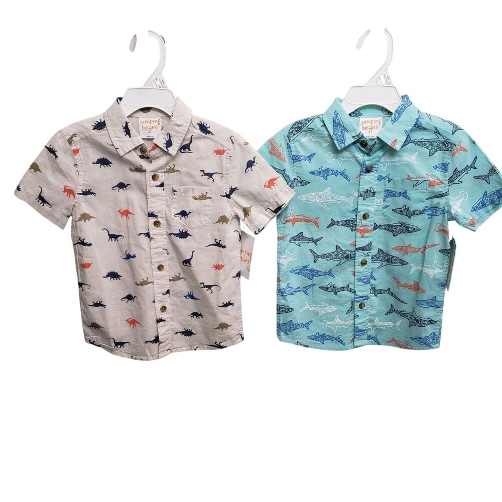 NWT Jumping Bean Button Down Shirts Shark Dinosaur Size 2T Boy
